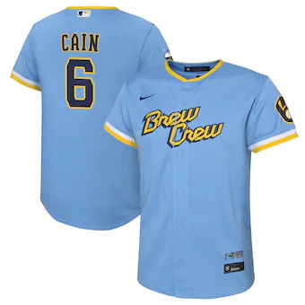 youth nike lorenzo cain powder blue milwaukee brewers 2022 